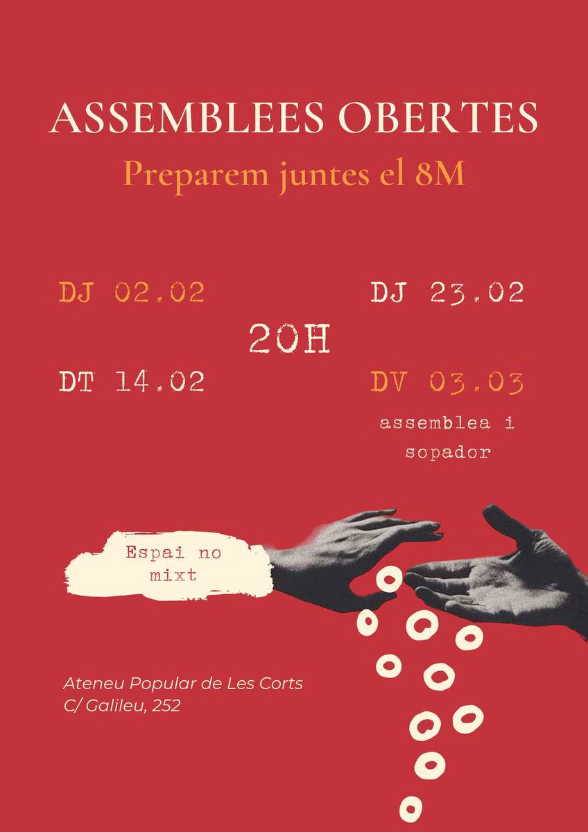 ✊🏼 Preparem juntes el 8 de març a les Corts! 

🟣 Vine el proper dijous 2 de febrer a l’Ateneu Popular de les Corts per construïr juntes la vaga feminista.

🗓️ Apunta’t les dates: 02/02, 14/02, 23/02 i 03/03.

❤️‍🔥 Feminisme organitzat contra el patriarcat ❤️‍🔥