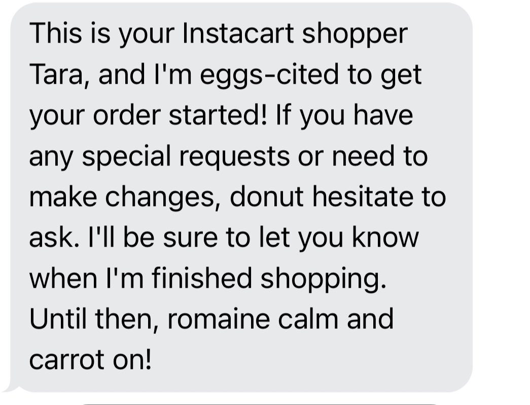 carolinejtrulit's tweet photo. Best Instacart message I’ve ever received 😂 going above and beyond the call of duty https://t.co/ECin8hrKRK