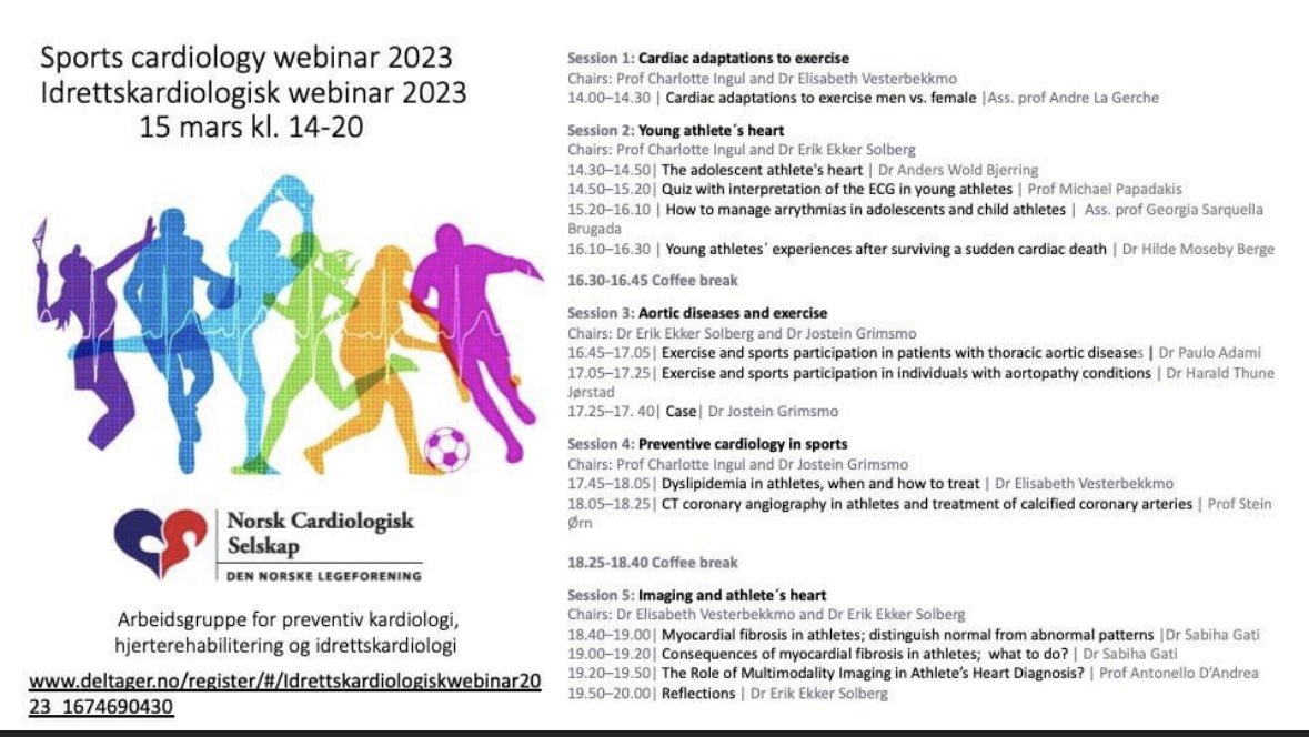 🫀🏃🏻‍♀️🤾🏽‍♂️⛹🏼‍♀️🏊‍♀️🚣🏼🤽🏿‍♀️🚴🧗🏻‍♂️
På vegne Norsk Cardiologisk Selskap arrangerer vi #Idrettskarsdiologisk webinar 

🗓️ 15 mars 🕑 kl. 14-20
Påmelding👇🏻

deltager.no/register/#/Idr…