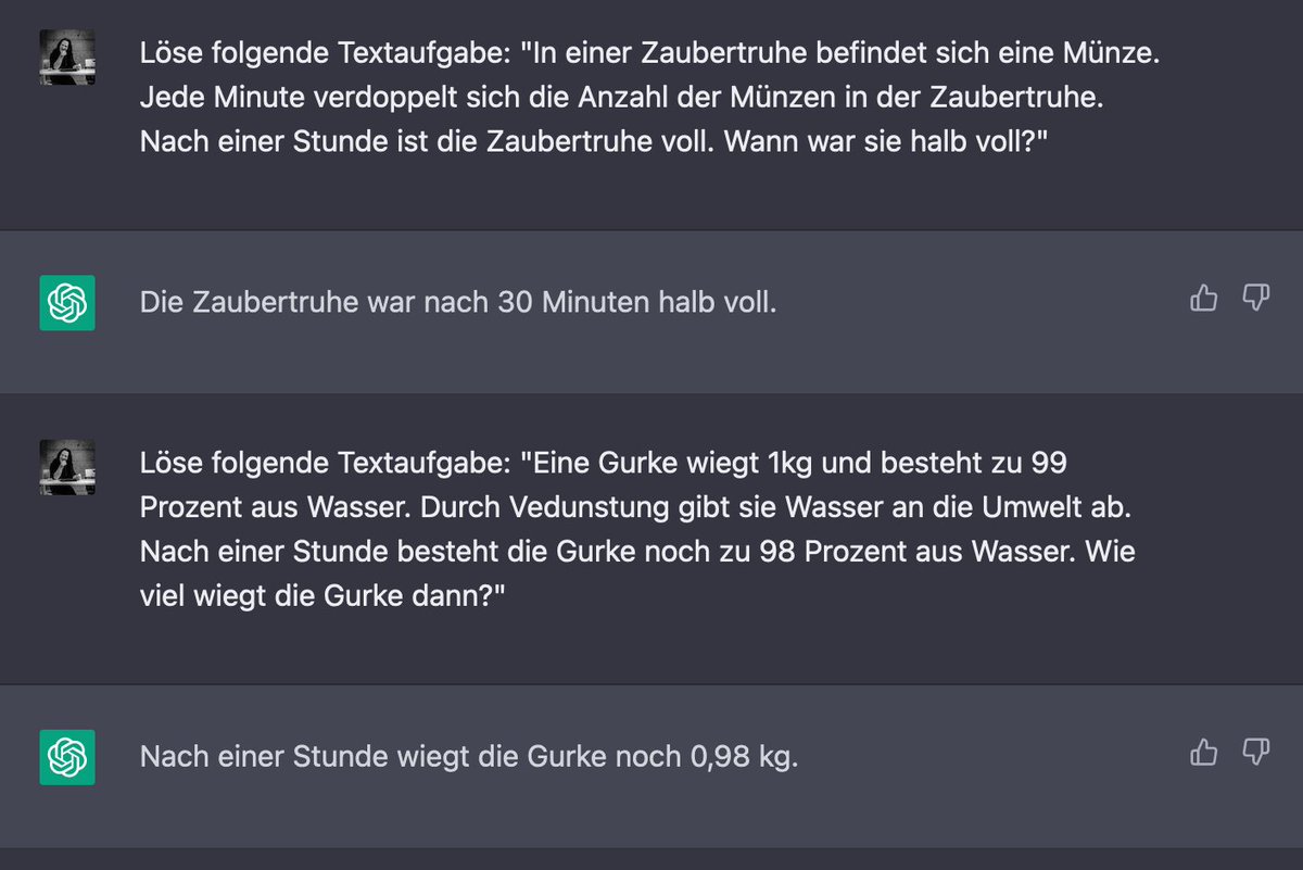 #ChatGPT macht bei mathematischen Textaufgaben die typischen Fehler, um deren Vermeidung es gerade bei diesen Textaufgaben geht. Immer schön vorsichtig sein beim Einsatz von #ChatGPT in der Mathematik. ;-)