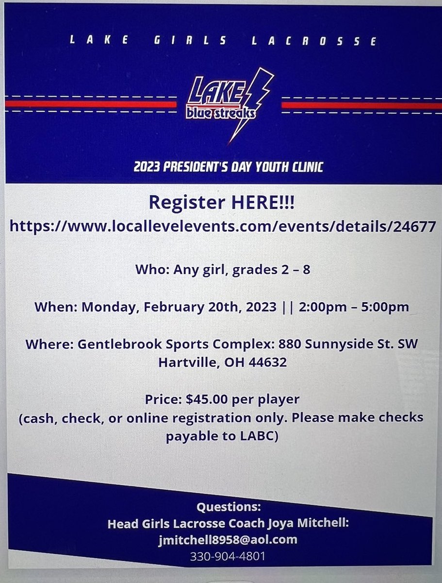 mitchelj2's tweet photo. Register here for our annual Girl’s Lacrosse Youth Clinic!  February 20th (President’s Day) from 2-5pm at Gentlebrook Sports Complex. https://t.co/oyluRfKH0z https://t.co/u3QtRCnOCg