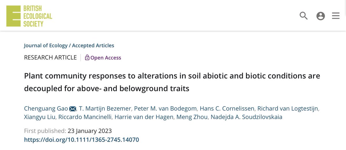 Our new paper is online now in Journal of Ecology🎉🎉

This study provides empirical evidence about the impact of soil biotic and abiotic conditions on community-level plant functional traits and between-trait links.

besjournals.onlinelibrary.wiley.com/doi/10.1111/13…
