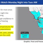 Very cold nights ahead with frost and freeze warnings tonight and a freeze watch for tomorrow night. These temperatures are extremely hazardous to unsheltered populations. Protect people, pets, plants, and pipes from the cold! #cawx 