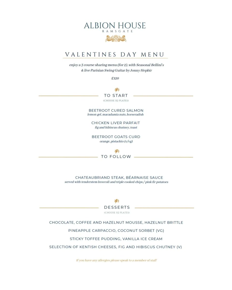 Albion House (@albionhh) on Twitter photo Celebrate Valentines day at Albion House this February, with a seasonal curated menu designed to share with loved ones. The evening will be accompanied by Parisian swing guitar performed by Johnny Hepbir. To book call 01843 606630.
#Ramsgate #Thanet #Kent #ValentinesDay2023 Celebrate Valentines day at Albion House this February, with a seasonal curated menu designed to share with loved ones. The evening will be accompanied by Parisian swing guitar performed by Johnny Hepbir. To book call 01843 606630.
#Ramsgate #Thanet #Kent #ValentinesDay2023