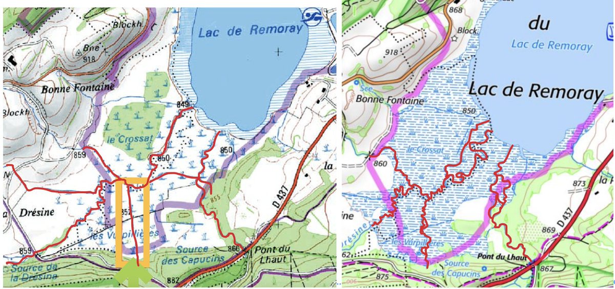 MarieMeziere's tweet photo. Autre ex : Le ruisseau des Vurpillières, Doubs (25), reméandrage débuté en 1997. 
=> rehaussement de la nappe d’accompagnement de l’ordre de 40 à 50 cm observée immédiatement après la restauration. Fiche action sur ce lien https://t.co/5TMAbewjhj…
 avant (1996) après (2022) https://t.co/9SnJvwipXt