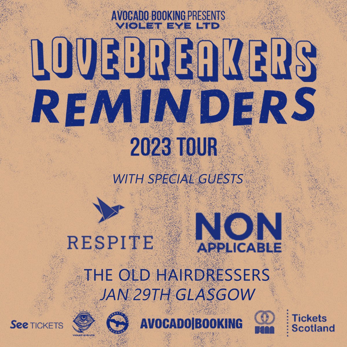 VioletEyePR's tweet image. TONIGHT IN GLASGOW

@LOVEBREAKERSx X @rmndrstheband at The Old Hairdressers.

Support from @RespiteBandUK and Non Applicable

Tickets available on the door. Doors at 7:30pm

@WhatsOnGlasgow 
@ticketsscotland