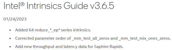 InstLatX64's tweet photo. #Intel Intrinsic Guide 3.6.5 with #SapphireRapids latency and throughput info: https://t.co/U7Y7uMiAST