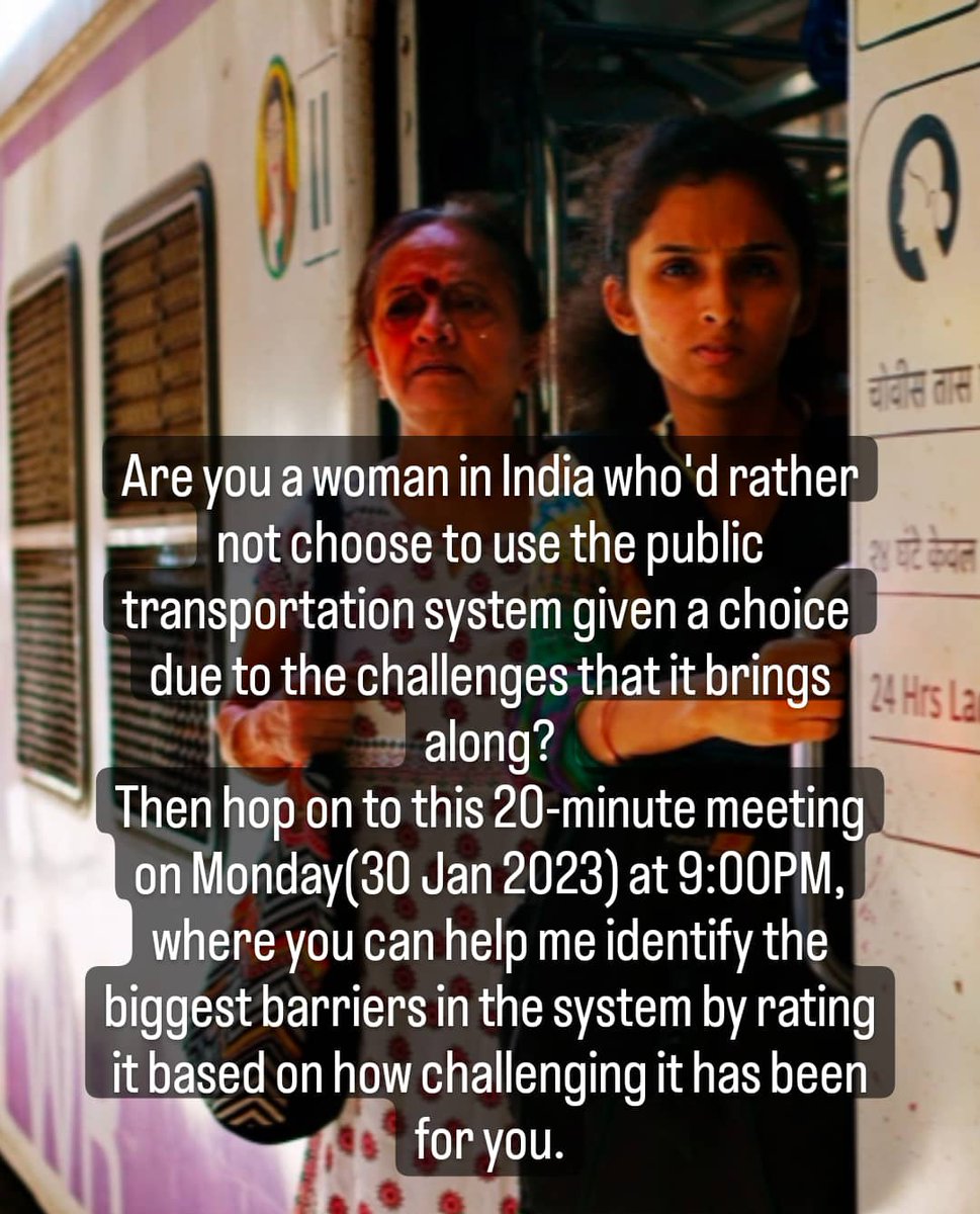 AnaghaV1912's tweet photo. Interested in helping me find the biggest barriers that keep women from using the public transport system in India? 
Join in using
https://t.co/q0xJOnqUcB
Meeting ID: 688 9383 8871
Passcode: 455621 

#publictransportation #indianwomen #genderresponsiveplanning https://t.co/2cAVivnjj7