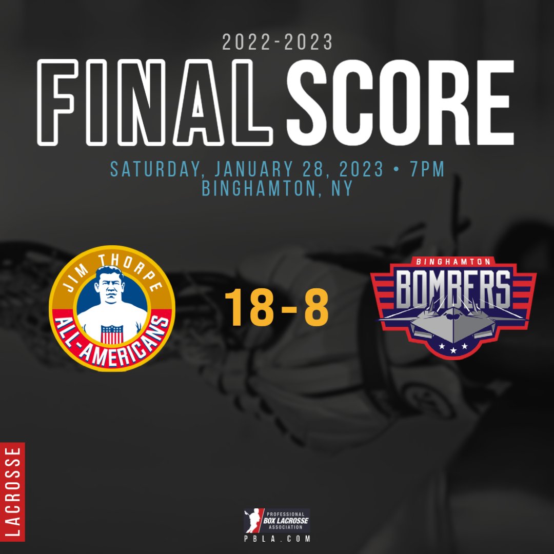 Jim Thorpe All-Americans (@pblajimthorpe) on Twitter photo The <a href="/PBLAJimThorpe/">Jim Thorpe All-Americans</a> annihilated the <a href="/PBLABombers/">Binghamton Bombers</a>, 18-8 at the Visions Veterans Memorial Arena last night.
Visit us for Player Scoring: pbla.com/teams/binghamt…
OR
Check out <a href="/WatchLacrosseTV/">Lacrosse TV</a> for their YouTube video of the game! #pbla The <a href="/PBLAJimThorpe/">Jim Thorpe All-Americans</a> annihilated the <a href="/PBLABombers/">Binghamton Bombers</a>, 18-8 at the Visions Veterans Memorial Arena last night.
Visit us for Player Scoring: pbla.com/teams/binghamt…
OR
Check out <a href="/WatchLacrosseTV/">Lacrosse TV</a> for their YouTube video of the game! #pbla