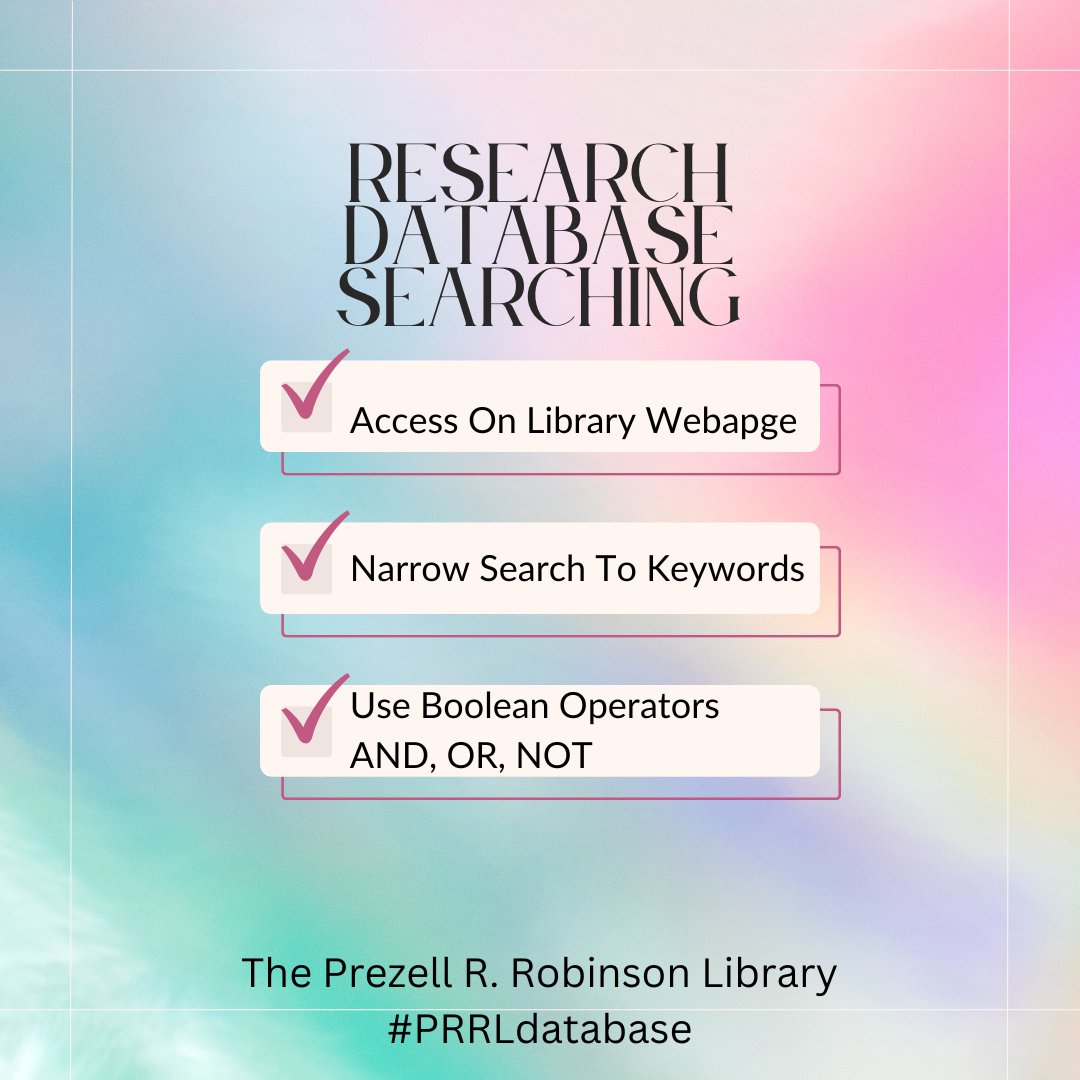 PrezRobLibrary's tweet image. Library Basics Reviews: Research Database Searching
*Access on the library webpage
*Narrow search to key words
* Use Boolean Operators (AND, OR, NOT)
#library #librarybasics #researchdatabases #theprezellrrobinsonlibrary @saufalcons