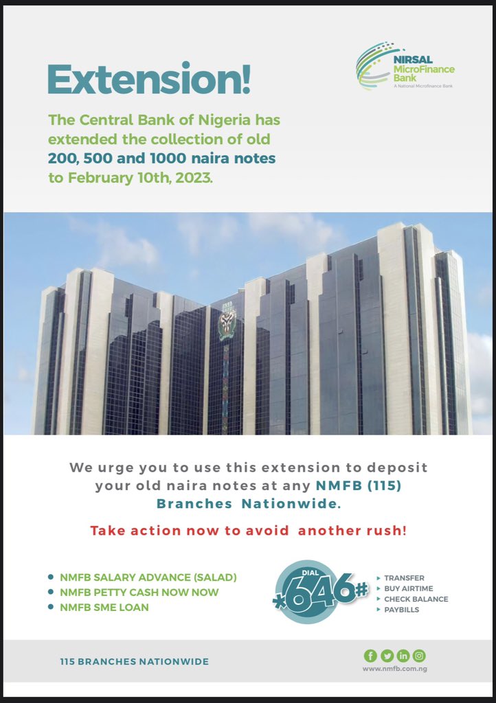 NirsalMFB's tweet photo. Dear customer. The CBN has extended the collection of old naira notes to February 10th. Do not wait until it is deadline day to do this. Kindly visit our branches nationwide to deposit your old notes. #nmfbcares #happysunday #easilyaccessible https://t.co/GyQL8wK1em