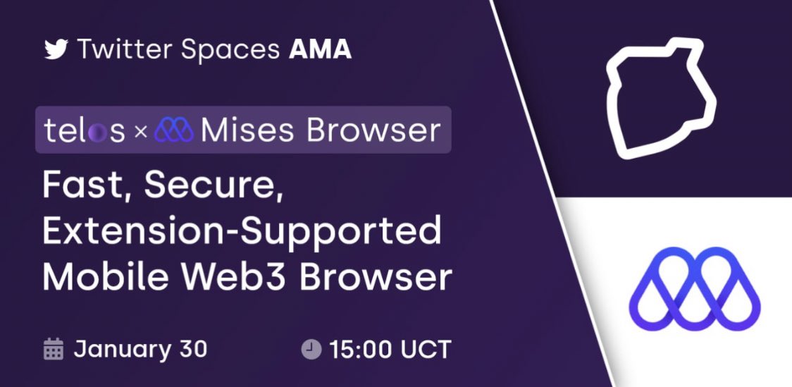 Leer alles over onze nieuwe samenwerking met <a href="/Mises001/">Mises</a> op de AMA van morgen!

Stel je vragen hieronder ⬇️ 

30 januari
15:00 UTC
x.com/i/spaces/1nAKE…

#Telos 🤝 #MisesBrowser #TwitterSpaces