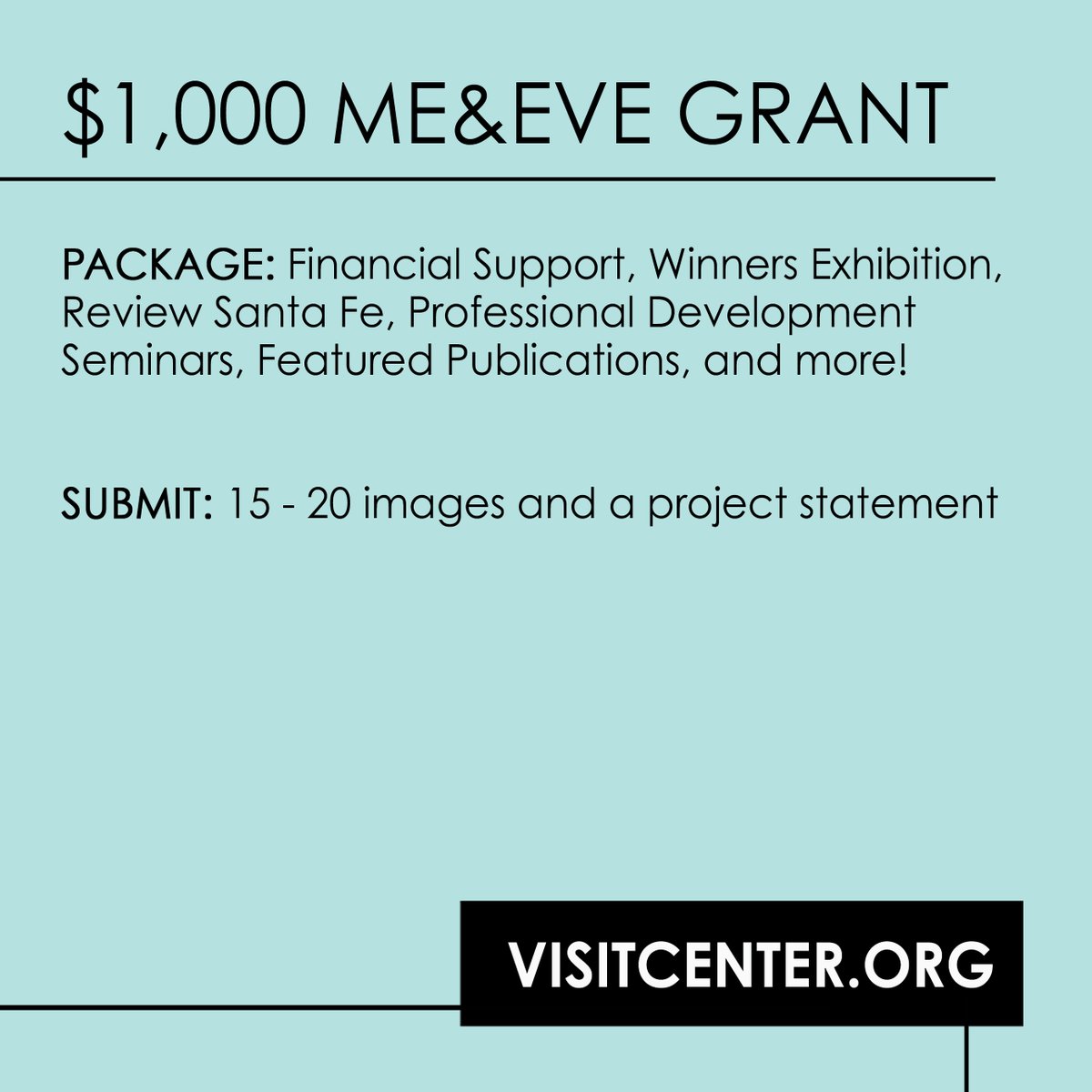 CENTER’s 2023 Me&amp;Eve Grant is open for submissions from female* and non-binary photographers who are 40 years old and over. 

Apply online at visitcenter.org/me-and-eve/ 

Early Discount Deadline: 02.15.23
Final Submission Deadline: 03.15.23

#CallsforEntry #CENTERSantaFe #linkinbio