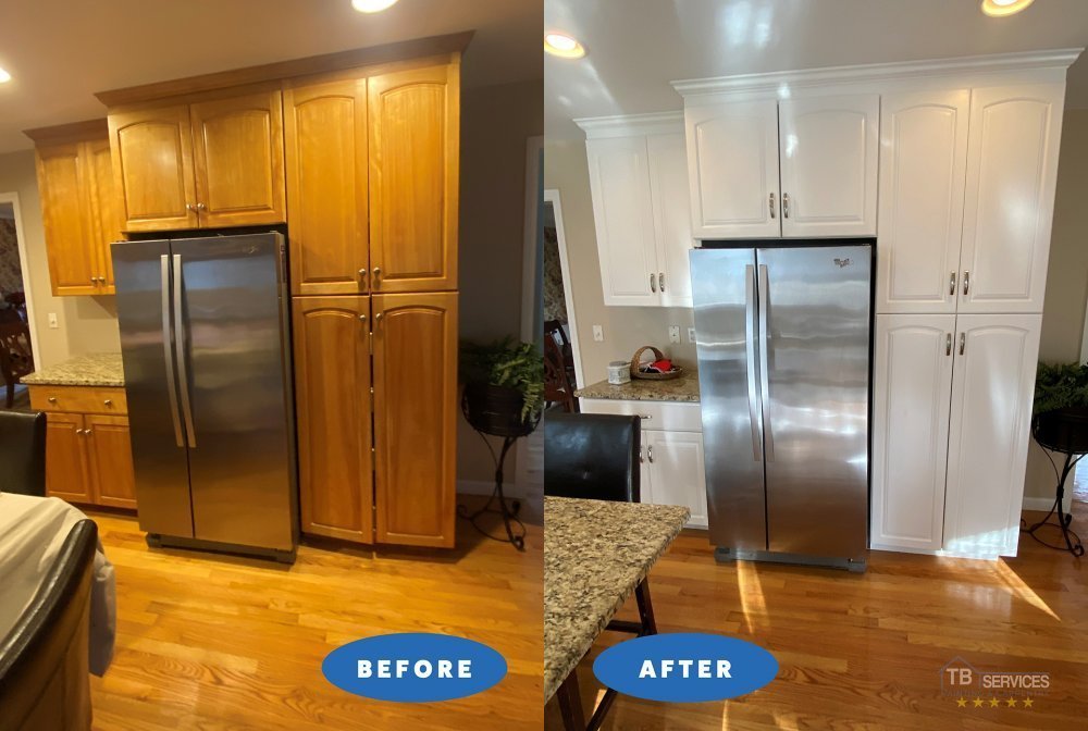 Re-Finish Kitchen Cabinets
Cabinets sanded, primes and 3 coats Simply White by Benjamine Moore. 
Visit us at tbservicespainting.com
#cabinetpainting #interiorpainting #kitchencabinets