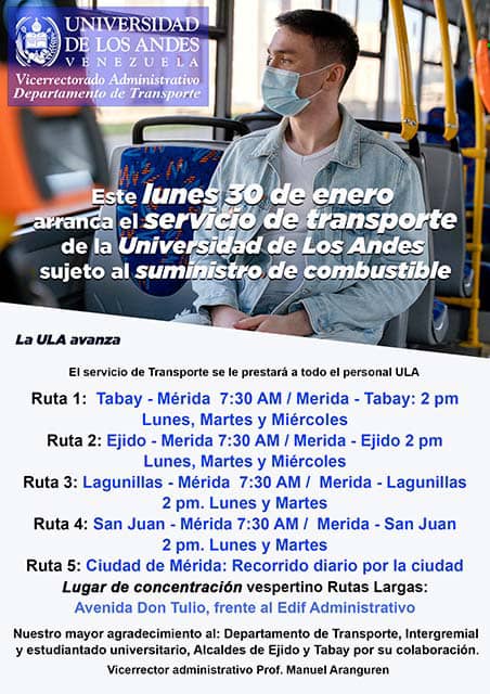 SecretarioULA's tweet photo. Atención #Ulandinos ⚠️
Gracias a un gran esfuerzo conjunto a partir de este lunes #30enero arranca nuevamente el servicio de #transporte de la #ULA
@ula_venezuela 
@NoticiasULA https://t.co/zS4TRiZBVg