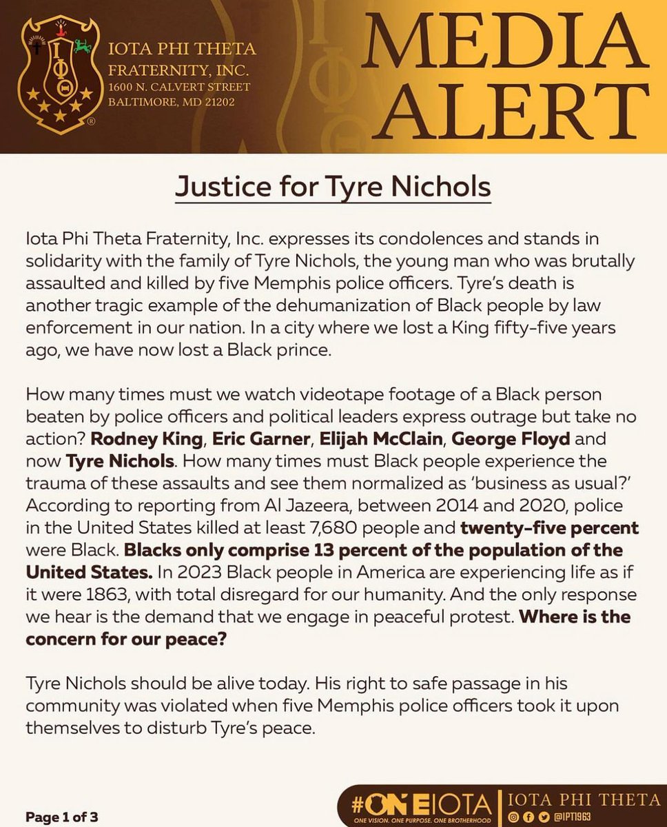 watchtheyard's tweet image. Iota Phi Theta just released this official statement on #TyreNichols.

📷: @ipt1963 
#IotaPhiTheta #ipt1963