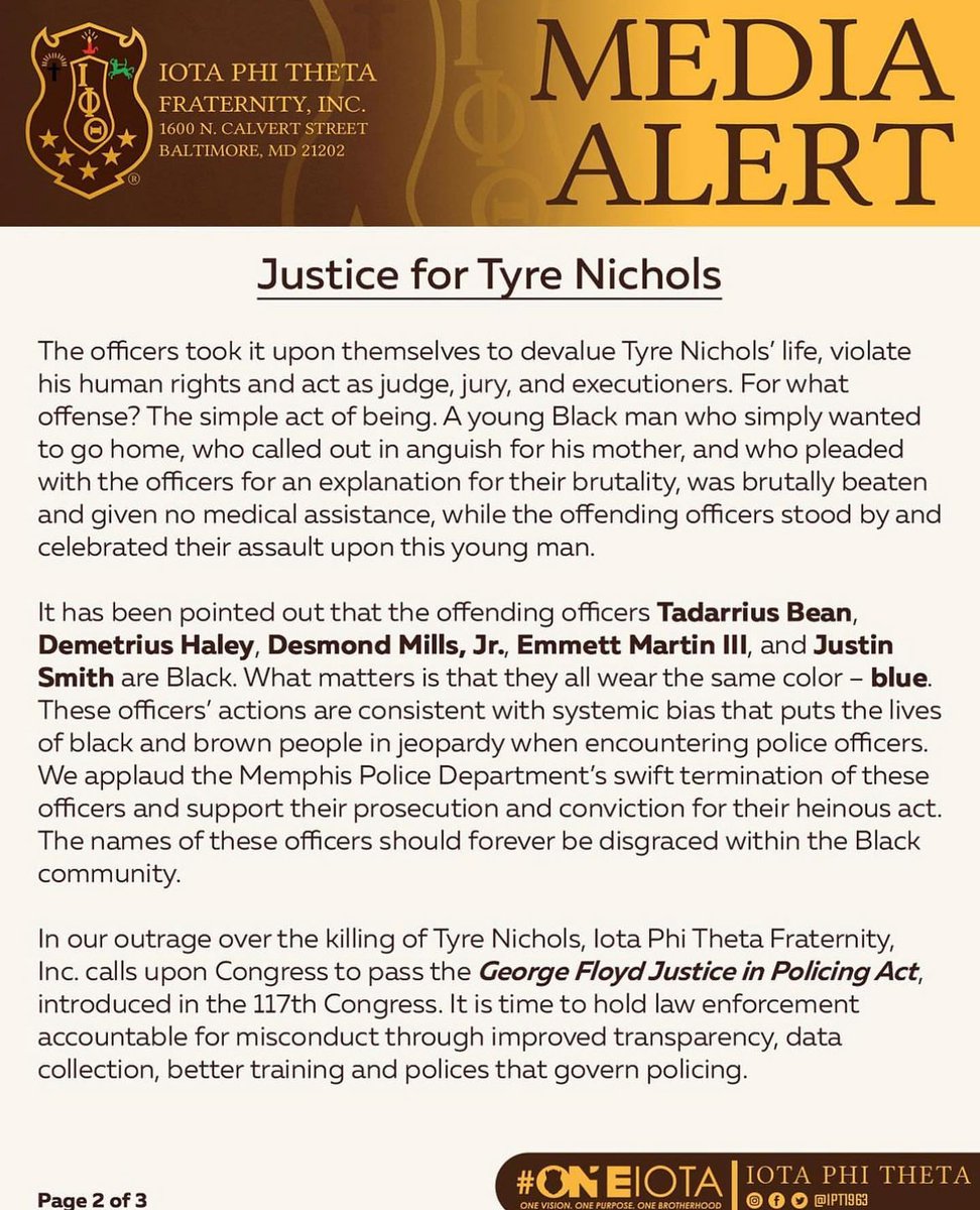 watchtheyard's tweet image. Iota Phi Theta just released this official statement on #TyreNichols.

📷: @ipt1963 
#IotaPhiTheta #ipt1963