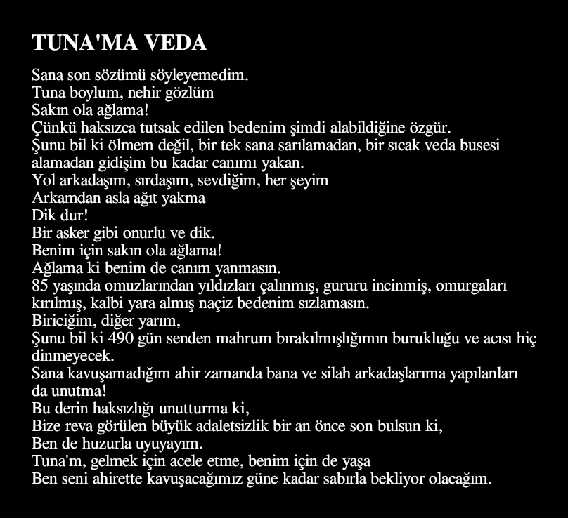Tuna-Vural Avar çiftinin aşkı dillere destandı.

Acı kaybından sonra Vural Paşa'nın ağzından "TUNA'MA VEDA" başlıklı şu şiir yazıldı: