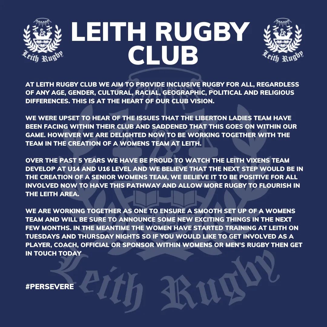 'What was also as important was finding a home where we would be welcomed and respected. We’ve always found Leith Rugby to be welcoming and inclusive'  

Club Statement on the creation of a Womens team bit.ly/3RhR9ZL

#womensrugby #scottishrugby #leith