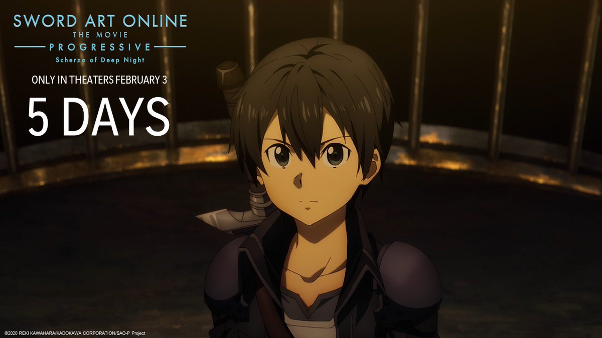 SwordArtUSA's tweet photo. THE COUNTDOWN IS ON! ⚡

5 days until Sword Art Online the Movie -Progressive- Scherzo of Deep Night releases in theaters!

🎫 BUY TICKETS NOW: https://t.co/RQagmMeOjh https://t.co/ly4LzqaPCL