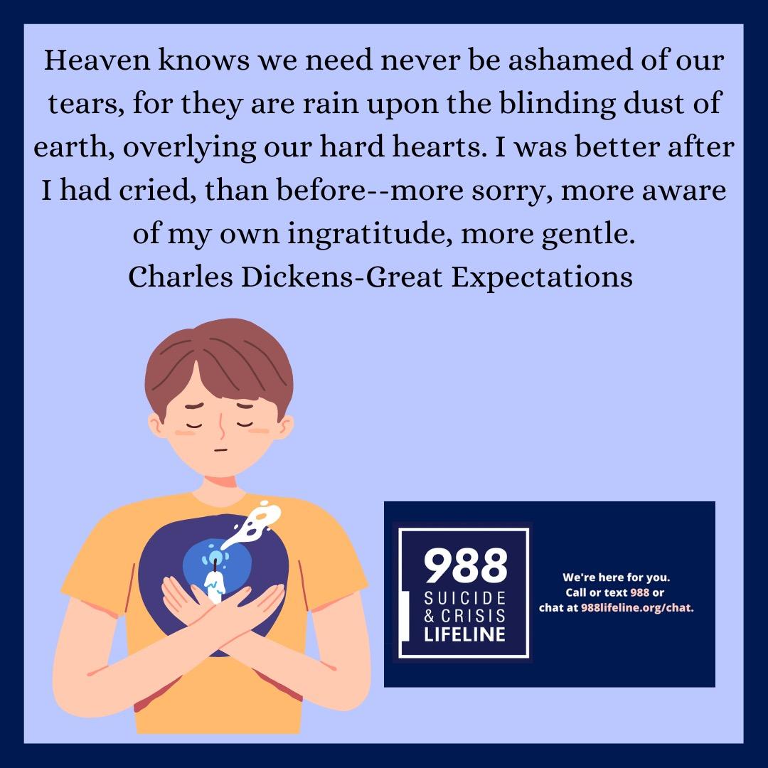 NevinsLibrary1's tweet image. “Heaven knows we need never be ashamed of our tears, for they are rain upon the blinding dust of earth, overlying our hard hearts. I was better after I had cried, than before - more sorry, more aware of my own ingratitude, more gentle.” - Charles Dickens, Great Expectations