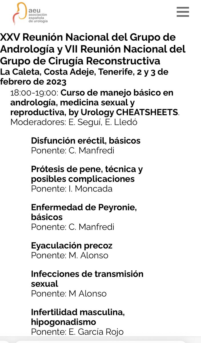 UROLOGY CHEAT SHEETS (@CheatUrology) on Twitter photo 2023-01-29 18:06:14 Very happy and grateful to organize and participate in this one hour course on #andrology basics at the @AndroAEU group meeting in #tenerife. Thanks to the organizers. See you there! @InfoAeu @imoncada @ESeguiMoya @ROC_Urologia #urologycheatsheets Very happy and grateful to organize and participate in this one hour course on #andrology basics at the @AndroAEU group meeting in #tenerife. Thanks to the organizers. See you there! @InfoAeu @imoncada @ESeguiMoya @ROC_Urologia #urologycheatsheets