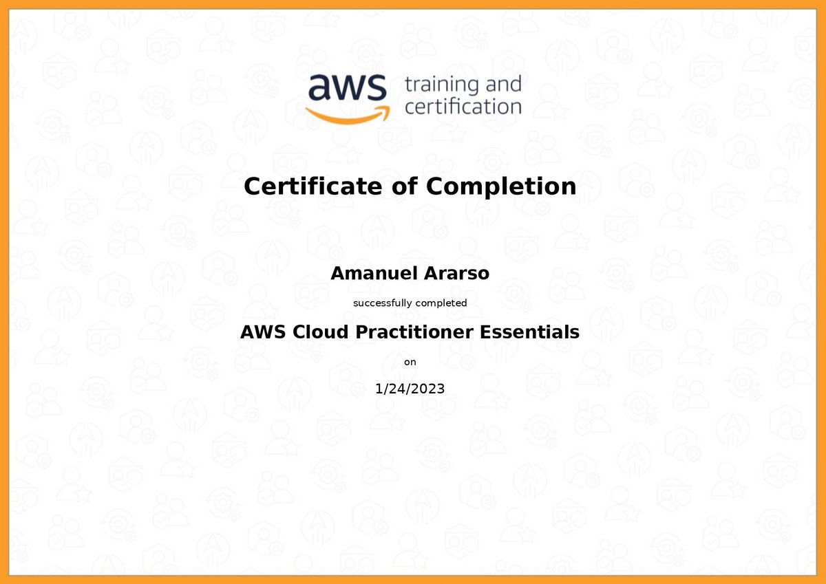 aman_ararso's tweet image. Happy to share a certificate of completion from AWS Training and Certification on AWS Cloud Essentials.

@aws @awscloud #awsskillbuilder