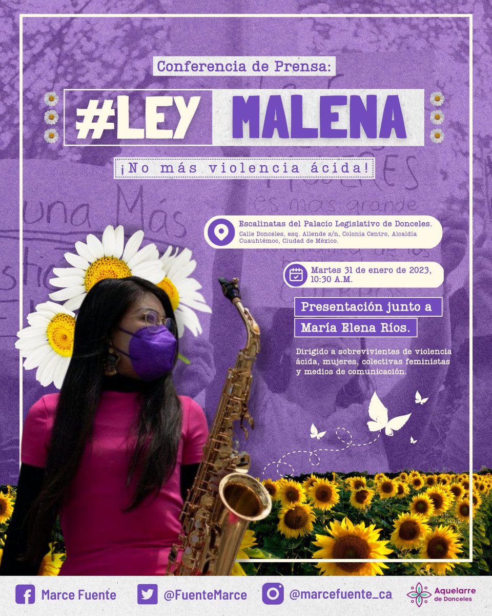 🟣🎷 Convocamos a mujeres, colectivas y medios a acompañar la presentación de la #LeyMalena, llamada así en nombre de la saxofonista @_ElenaRios.

Con esta ley, pretendemos tipificar y combatir la #ViolenciaÁcida con el fin de obtener justicia para las sobrevivientes de la misma.