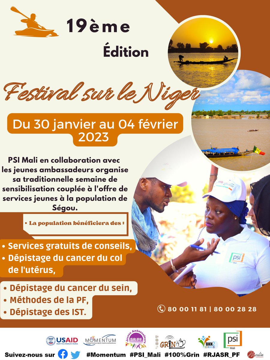 MerlinMoptika's tweet photo. Population de Ségou, #PSIMali en collaboration avec les Jeunes @RJASRPFMALI organise sa traditionnelle semaine de sensibilisation couplée à l'offre de services jeunes, du 30 janvier au 04 février 2023 à #Ségou dans le cadre de la semaine du festival sur le Niger. #MPHD #BKN2 https://t.co/47NnKisHDz