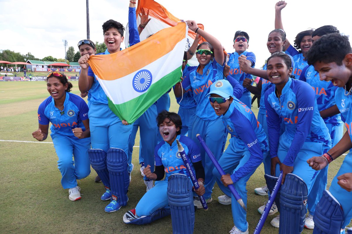 A new era has begun with #TeamIndia's win in the #U19T20WorldCup 🏆🇮🇳 A big shoutout to Shafali and the team for their hard work and dedication! 
Congratulations girls, you made us all proud ✨🎉