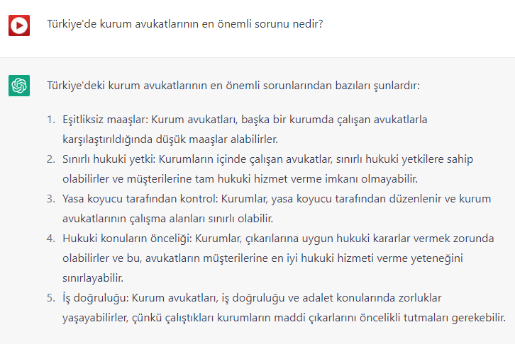 #ChatGPT'ye sordum:
Türkiye'de kurum avukatlarının en önemli sorunu nedir?
#KamuAvukatıHaklıBeklenti
#DevletAvukatınaSözVerdi 
<a href="/kamuavukatlari/">Kamuda Çalışan Avukatlar Derneği</a>