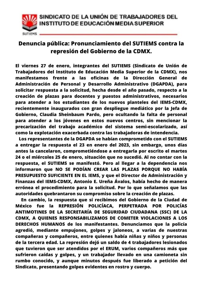 AsambleaUbbjDL's tweet photo. Miembros del SUTIEMS fueron reprimidos por el gobierno de la CDMX. Su delito fue solicitar más plazas docentes y regularización de plazas por contrato.
Así resuelven los problemas del sector educativo @SUTIEMS_AO2 @lopezobrador_ @Letamaya @Claudiashein https://t.co/G5hisDwhZg
