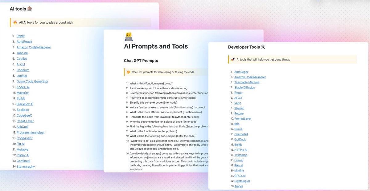Prathkum's tweet image. AI can make you work efficiently.
That’s why I prepared a free document.
–• 25+ ChatGPT prompts
–• 60+ AI and dev tools
–• 35+ Low/No code
Get it here!
🔗 rli.to/jFqGt
