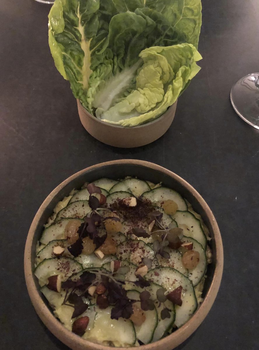 PennyJBarr's tweet photo. Lovely dinner at @LittleChartroom last night - full of happy people, kitchen theatre, great food. My #stardish - crab with brown shrimp, warmly savoury smoked almonds, cucumber wafers and bright pops of flavour from plump soaked raisins. Supplied with crunchy Little Gem scoops. https://t.co/TBGPEgc1Sk