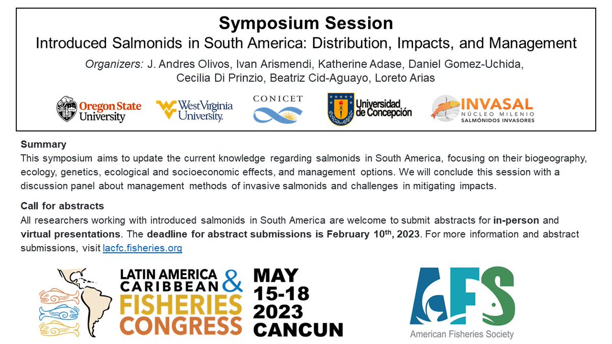 J. Andres Olivos (@jandresolivos) on Twitter photo The countdown has started for abstract submissions LACFC 2023!
All scientists researching non-native/invasive salmonids in South America are welcome to submit talks to our symposium.
More info at: lacfc.fisheries.org
<a href="/latamericafish/">Latin America & Caribbean Fisheries Congress LACFC</a> #LACFC <a href="/AmFisheriesSoc/">American Fisheries Society</a> The countdown has started for abstract submissions LACFC 2023!
All scientists researching non-native/invasive salmonids in South America are welcome to submit talks to our symposium.
More info at: lacfc.fisheries.org
<a href="/latamericafish/">Latin America & Caribbean Fisheries Congress LACFC</a> #LACFC <a href="/AmFisheriesSoc/">American Fisheries Society</a>