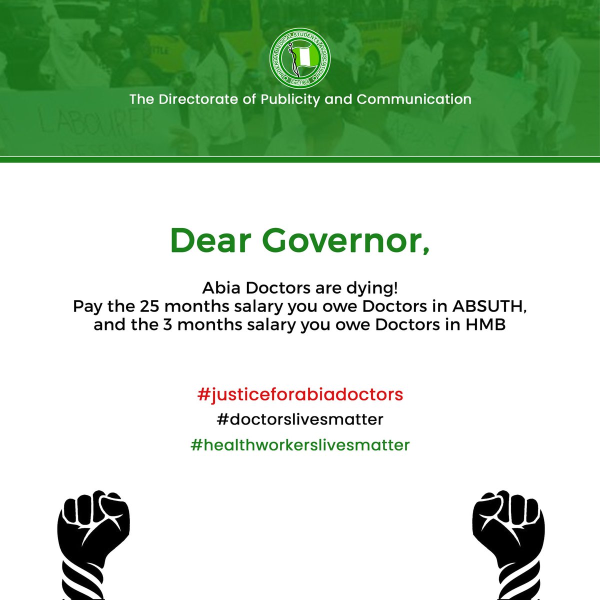 NiMSA NorthEast stands with Abia Doctors 💪

#justiceforabiadoctors
#doctorslivesmatter
#healthworkerslivesmatter