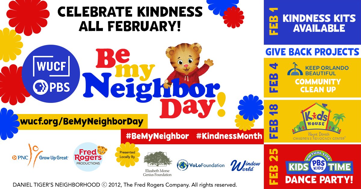 WUCF_PBS_Jazz's tweet photo. SAVE THE DATE: Join us for #BeMyNeighbor Day events in February including a Community Clean Up, Kids Pack Project and an interactive Virtual PBS KIDS Time Dance Party featuring a craft, music and lots of hands-on fun. With special guest, Daniel Tiger! https://t.co/C7Z06G80tI https://t.co/hGZ48XezDq