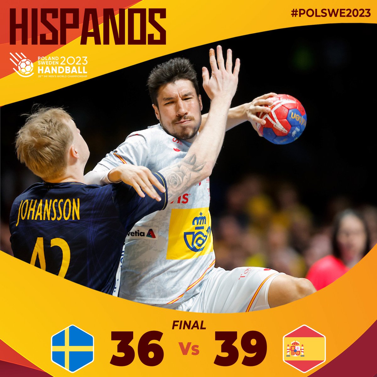 🏆 Mundial <a href="/handball2023/">Mistrzostwa Świata 2023 Polska | Szwecja</a> 
📌 Partido por el Bronce
⏱️ 60’ - Final
🆚 Suecia 🇸🇪 36:39 🇪🇸 España
🏟 Tele2 Arena
📺 <a href="/teledeporte/">Teledeporte</a>

🖋️ ¡SIIIIIIIIIIIIII! ¡¡SOMOS MEDALLA DE BRONCE MUNDIAL!! 😭❤️🥉

📸 @ihf_info 

#️⃣ #Hispanos #StickTogether #POLSWE2023 #SerHispano