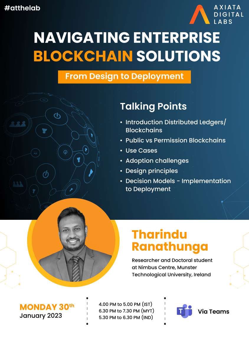 I’ll be conducting a session on design considerations of Enterprise Blockchain Solutions at Axiata Digital Labs tomorrow. I hope to share some practical advice on how to make informed decisions when designing, implementing and deploying Blockchain-based solutions. #blockchain