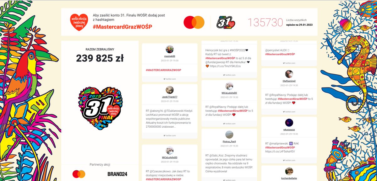 Już 135,000 tweetów z hashtagiem #MastercardGrazWOŚP ! Wow! 1 tweet lub retweet z użyciem tego hashtaga = 5 zł dla <a href="/fundacjawosp/">WOŚP</a>
Podajcie dalej i grajmy razem dla #WOŚP2023! ❤🧡 Brawo <a href="/MastercardPL/">Mastercard Polska</a> !