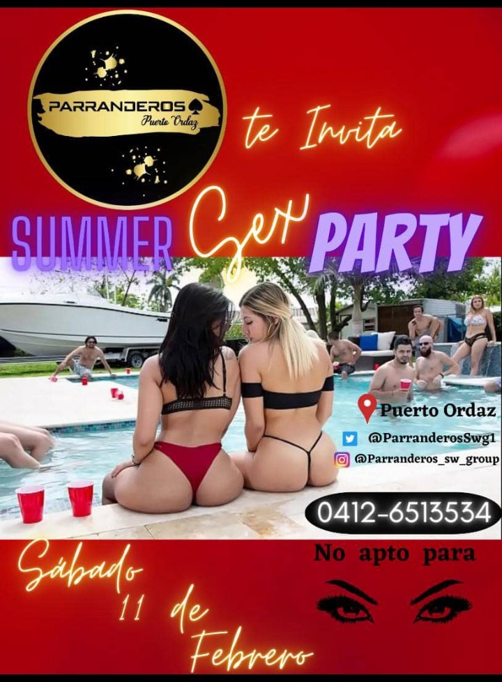 Comunidad Swinger Venezuela (@comunidadswvzla) on Twitter photo En febrero los amigos de <a href="/ParranderosSwg1/">Parranderos Sw.</a> traen su summer sex party el sábado 11 de febrero un día de mucha diversión picardía y morbo # swinger #comunidad #PuertoOrdaz En febrero los amigos de <a href="/ParranderosSwg1/">Parranderos Sw.</a> traen su summer sex party el sábado 11 de febrero un día de mucha diversión picardía y morbo # swinger #comunidad #PuertoOrdaz