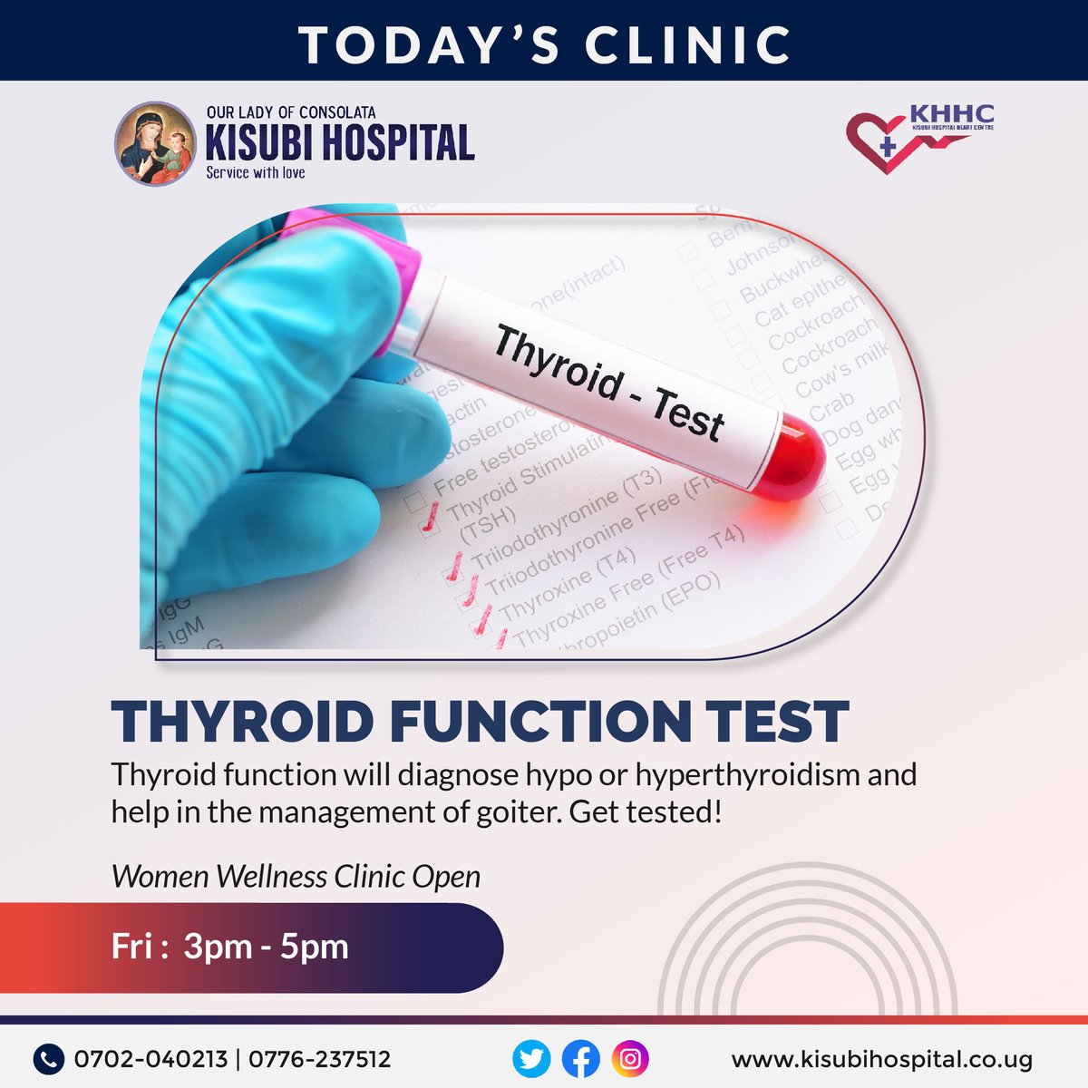 kisubi_hospital's tweet image. Book your appointment today!
Call us on +256-702-040-213 | +256-776-237-512 
Visit our website @ kisubihospital.co.ug for information about our services 
#KisubiHospitalCares #Thyroidtest