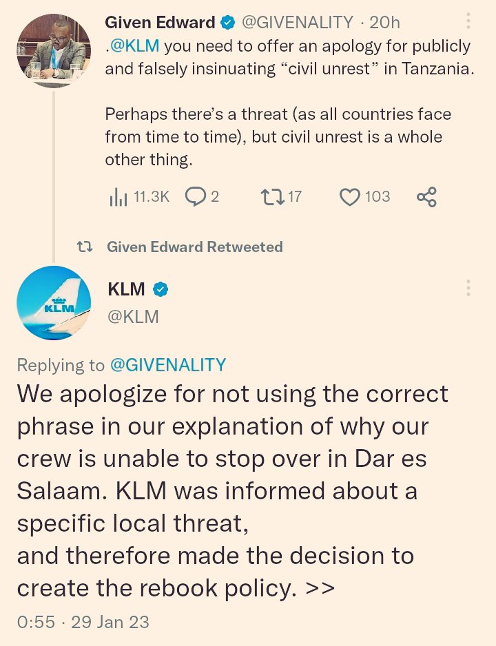 Chronology of @KLM's travel alert BLUNDER 🇹🇿🇰🇪 * Jan. 25 - US issues Tanzania terror alert * Jan. 27 - KLM warns of 'civil unrest' in Tanzania, Kenya * Jan. 28 - KLM apologizes to Kenya, changes Tanzania's alert to 'local threat' * Jan 29 - KLM deletes Tanzania travel alert