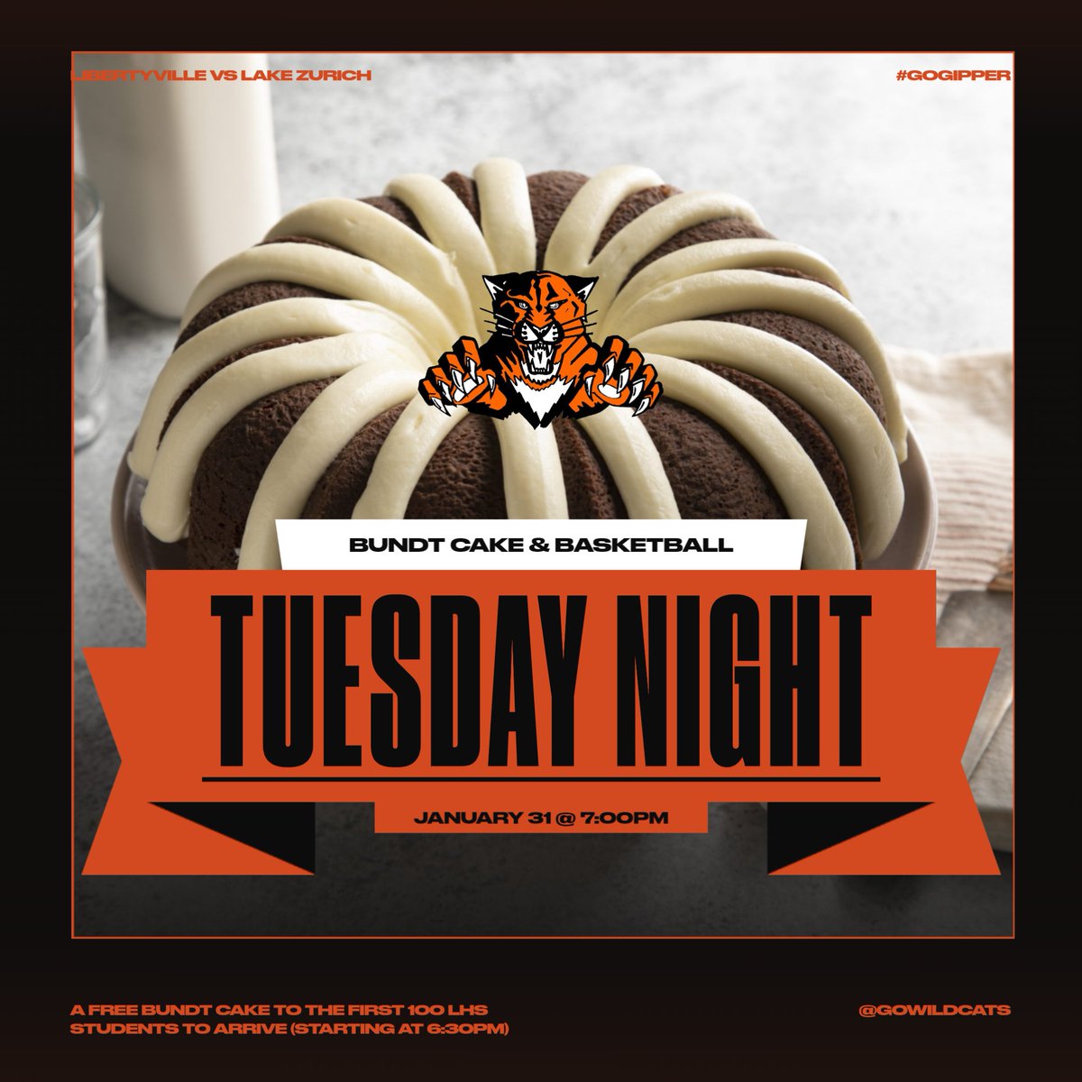 Bundt Cake and Basketball! The first 100 LHS students to arrive on Tuesday (after 6:30pm) will receive a free Bundt cake. Come out and support our girls basketball team as they take on Lake Zurich. The JV game will start at 5:30pm and the varsity game will follow.