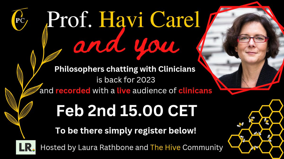 Laura Rathbone🌈 she/her (@laurarathbone) on Twitter photo <a href="/philsclinschat/">Philosophers Chatting With Clinicians</a> is back for 2023 and with a twist!
Now recorded with a live audience of clinicians & u are invited!
NEXT WEEK u can join Prof Havi Carel and I as we explore illness, health and wellbeing using phenomenology.
🖇️ us02web.zoom.us/webinar/regist… + join The Hive <a href="/philsclinschat/">Philosophers Chatting With Clinicians</a> is back for 2023 and with a twist!
Now recorded with a live audience of clinicians & u are invited!
NEXT WEEK u can join Prof Havi Carel and I as we explore illness, health and wellbeing using phenomenology.
🖇️ us02web.zoom.us/webinar/regist… + join The Hive