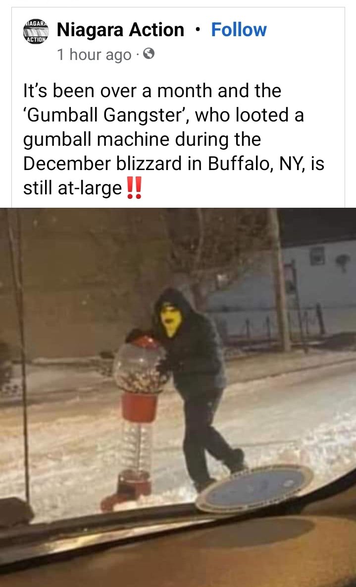 Still at large! 
The Gumball Bandit!
If you see him/her don't approach unless you have a quarter. 
#buffaloblizzard2022 #buffaloblizzard #Buffalo