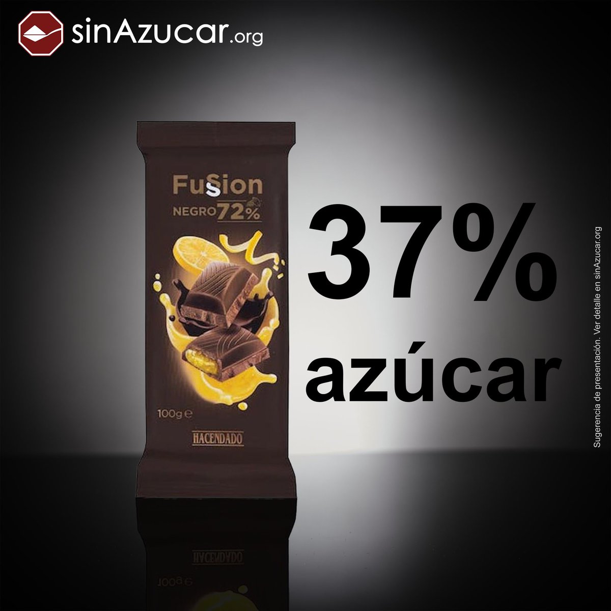 El chocolate fusión de 72% cacao de Mercadona contiene un 37% de azúcar. 

Ojo, en los chocolates rellenos, el contenido en cacao se refiere a la cobertura, no al relleno. Por eso esta tableta tiene más azúcar del que podríamos intuir.