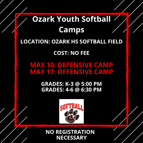 Ozark Lady Tiger SB (@oztigersoftball) on Twitter photo Spread the word and Mark your calendars!
May 10 - Defensive Camp
May 17 - Offensive Camp
June 12,13,and 15 - Summer Camp
<a href="/OzarkTigers/">Ozark Schools</a> <a href="/OzarkMidSchool/">Ozark Youth Sports</a> Spread the word and Mark your calendars!
May 10 - Defensive Camp
May 17 - Offensive Camp
June 12,13,and 15 - Summer Camp
<a href="/OzarkTigers/">Ozark Schools</a> <a href="/OzarkMidSchool/">Ozark Youth Sports</a>