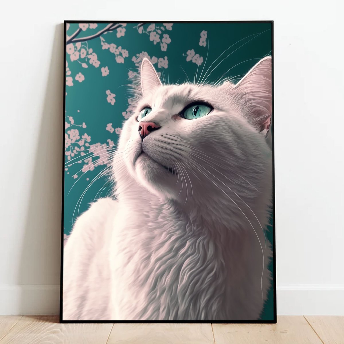 White Cat - Spring Sakura - Home Comic Style - Downloadable Artwork etsy.me/3WKLgFB #CatsArt #Cats #CatOwners #CatsLovers #WhiteCat #sakura #GiftsForCatLovers