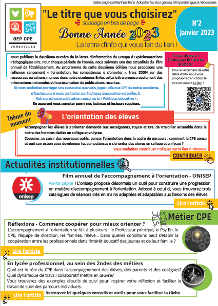 📢 Le #GEP #CPE publie sa lettre d'info N2 sur la thématique de l'#orientation ! A lire en suivant le lien cpe.ac-versailles.fr/spip.php?artic… 💡Actions menées en établissement, Réflexions Publications de la recherche 
#TeamCPE <a href="/DANEVersailles/">DRANE Site de Versailles</a> @carolinepras <a href="/sache_martine/">Martine Sache 👩🏼‍🏫👩🏼‍🔬🦸🏼‍♀️🤾🏼‍♀️🎤🎸</a> <a href="/MoniqueGuerout/">Monique PEYRAMAURE GUEROUT</a>
